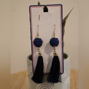 Blue Beaded Tassel Statement Earrings